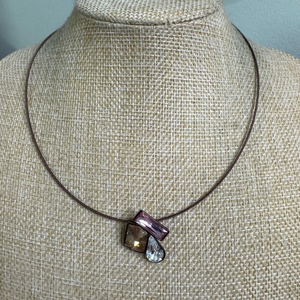 Touchstone Crystal Wire Necklace Swarovski Geometric Pendant Bronzed Metal 18”